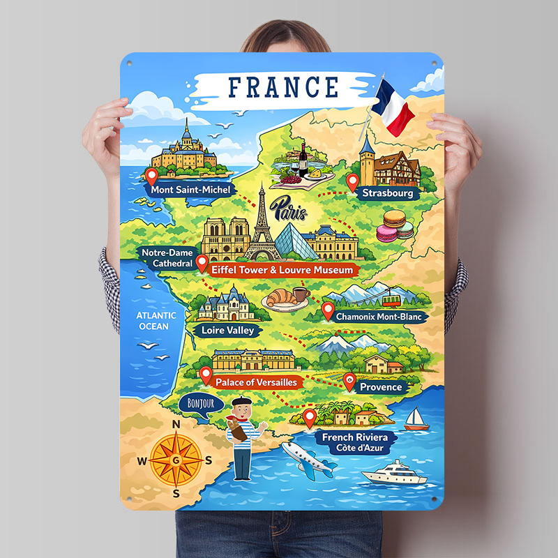 Retro Gaming France - Металлический постер с картой Франции в